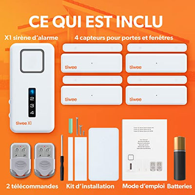 tiiwee Alarme Maison avec Sirène Puissante et Dissuasive - 4 Détecteurs de Porte et Fenêtre et 2 Télécommandes - Kit sans Fil Facile à Installer pour Appartement, Maison, Garage, Camping-Car