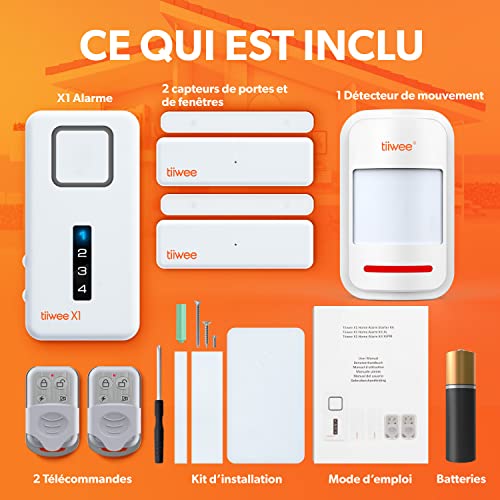 tiiwee Alarme de Maison avec Sirène Puissante et Dissuasive - 2 Détecteurs de Porte et de Fenêtre, 1 Détecteur de Mouvement et 2 Télécommandes - Kit sans Fil Facile à Installer