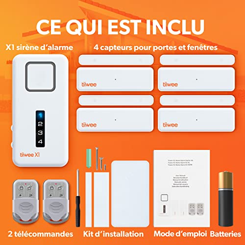 tiiwee Alarme Maison avec Sirène Puissante et Dissuasive - 4 Détecteurs de Porte et Fenêtre et 2 Télécommandes - Kit sans Fil Facile à Installer pour Appartement, Maison, Garage, Camping-Car