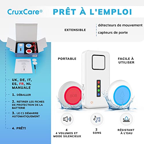 CruxCare C1 Bouton d'Appel sans Fil Téléavertisseur pour Personne Âgé, Les Patients âgés - Système Appel d'Urgence d'Alerte à Domicile - 1 Récepteur et 2 Émetteurs SOS